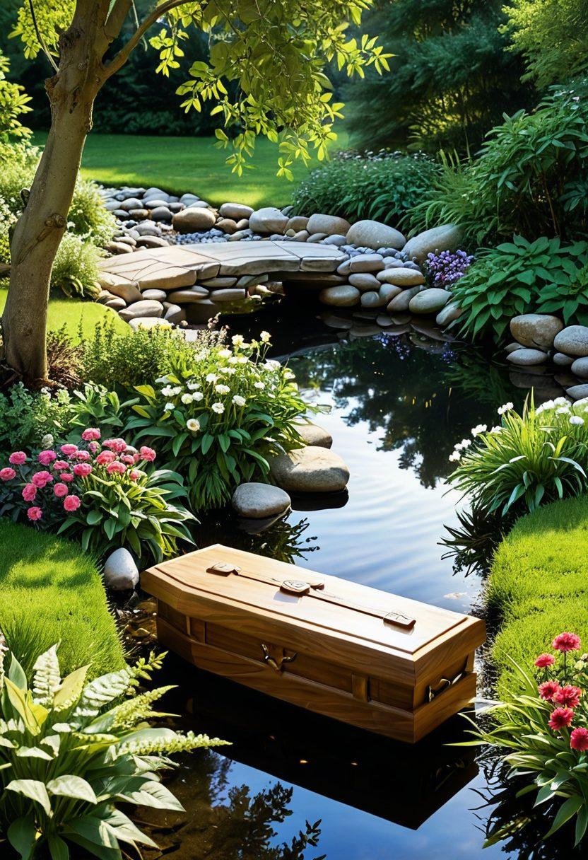 A serene landscape depicting a peaceful garden with a gentle stream, surrounded by vibrant flowers and trees. In the foreground, a beautifully crafted biodegradable coffin showcases natural elements like leaves and flowers. Soft, warm lighting evokes a sense of tranquility and reflection. Include subtle symbols of mindfulness, like a meditation stone and candles. super-realistic. vibrant colors. peaceful ambiance.