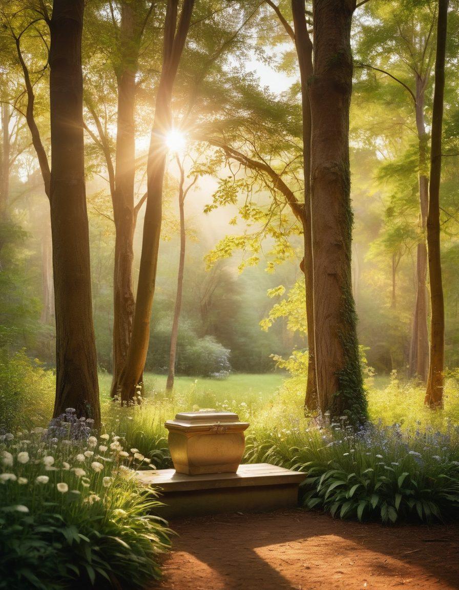 A serene outdoor memorial service set in a lush green forest, featuring biodegradable urns adorned with wildflowers, family members sharing heartfelt stories, and soft sunlight filtering through the trees. A sense of peace and connection with nature, emphasizing sustainability and love. painterly style. vibrant colors. soft focus.